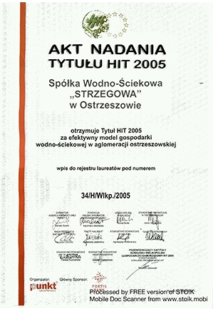 Zdjęcie dyplomu nadania tytułu HIT 2005 dla Spółki Wodnej